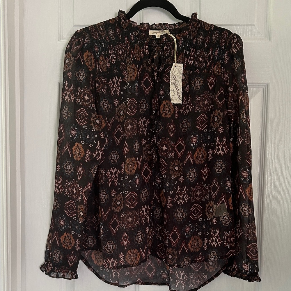 Mystree Black and Brown Ruffled Mandarin Collar Blouse